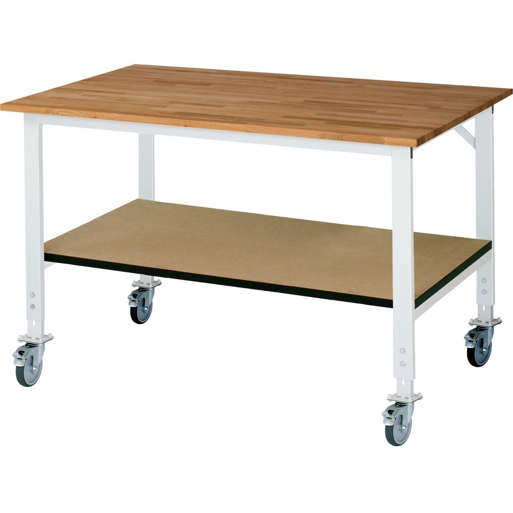 Productafbeelding nr. 1: In hoogte verstelbare, mobiele werktafel RAU serie TOM met legbord diepte 795 mm, hoogte 910-1.230 mm, bxd 1.500 x 1.000 mm, massief beuken werkblad