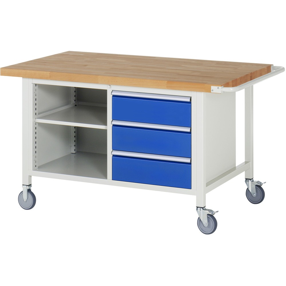 Product afbeelding: RAU verrijdbare werkbank serie 8000, h x b x d 880 x 1.500 x 900 mm, 1 dubbele onderbouwkast, met 3 lades en opbergvak