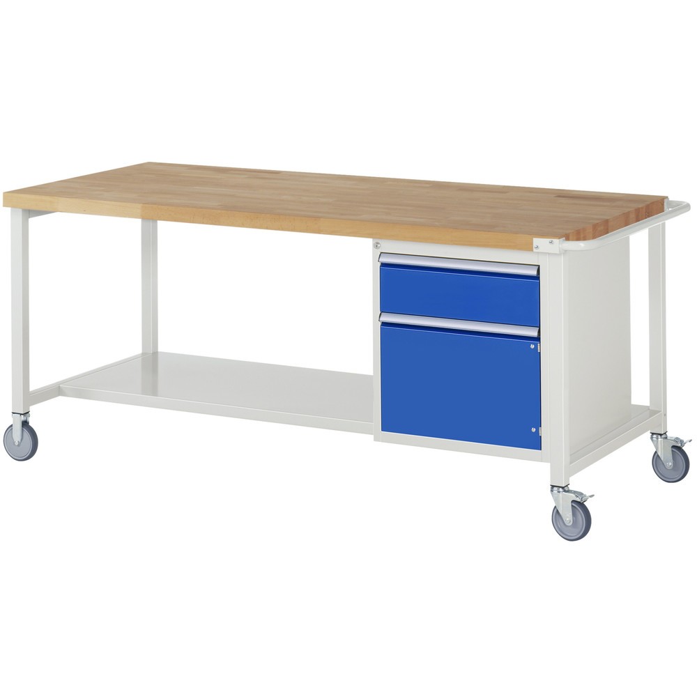 Product afbeelding: RAU verrijdbare werkbank serie 8000, h x b x d 880 x 2.000 x 900 mm, 1 onderbouwkast, met 1 lade en 1 openslaande deur