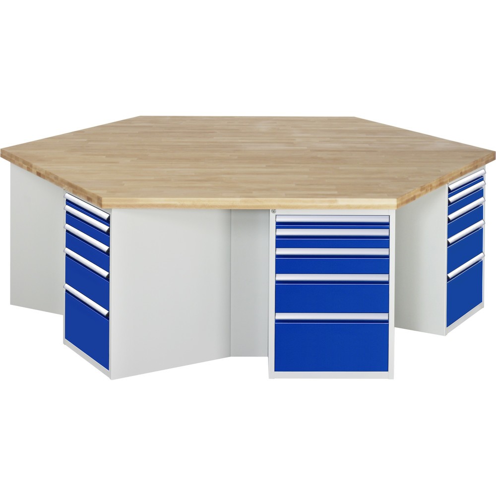 Product afbeelding: RAU groepswerkbank serie 4000, h x b x d 890 x 2.700 x 2.340 mm, 6 onderbouwkasten, met telkens 5 lades