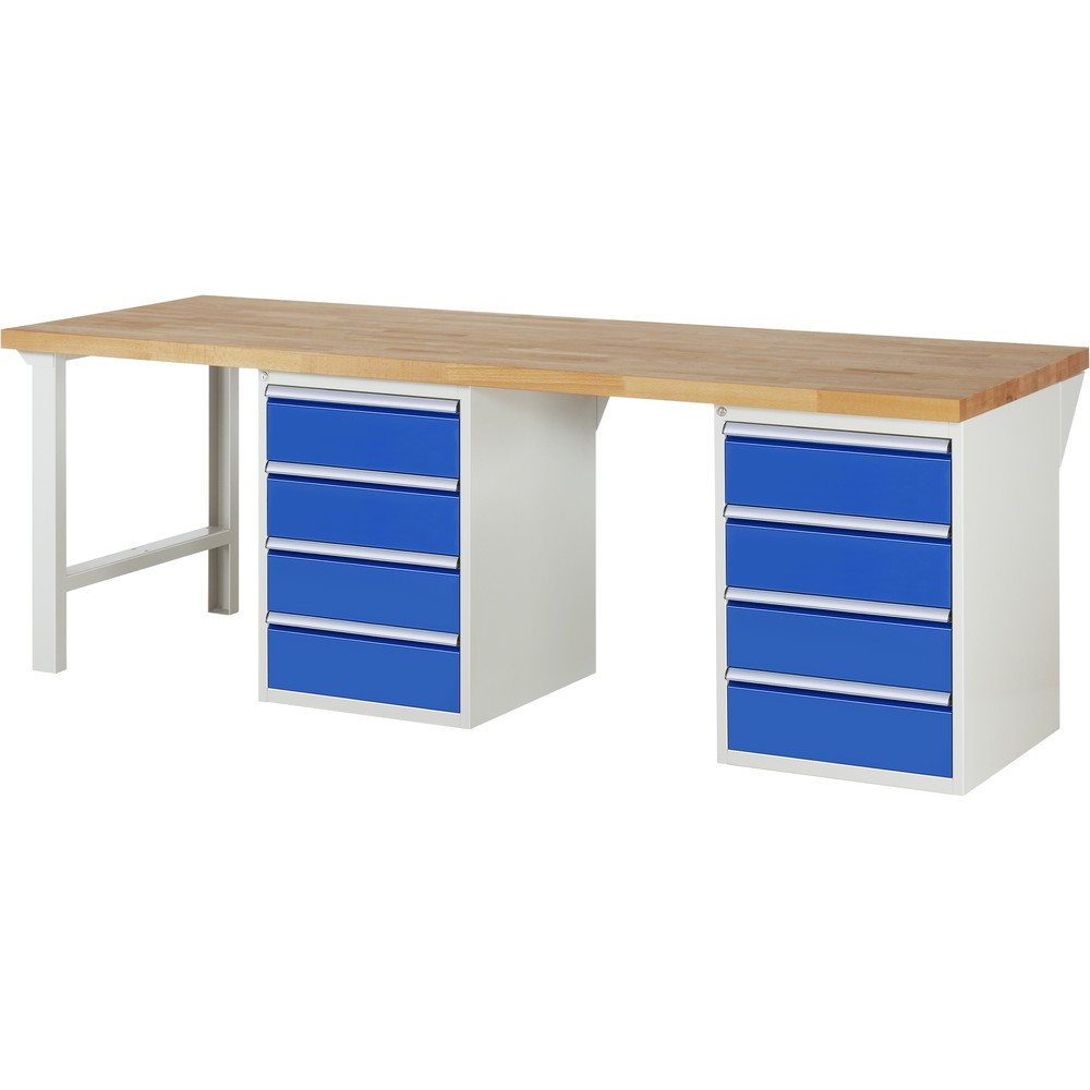 Product afbeelding: RAU werkbank serie 7000, h x b x d 890 x 2.500 x 900 mm, 2 onderbouwkasten, met telkens 4 lades
