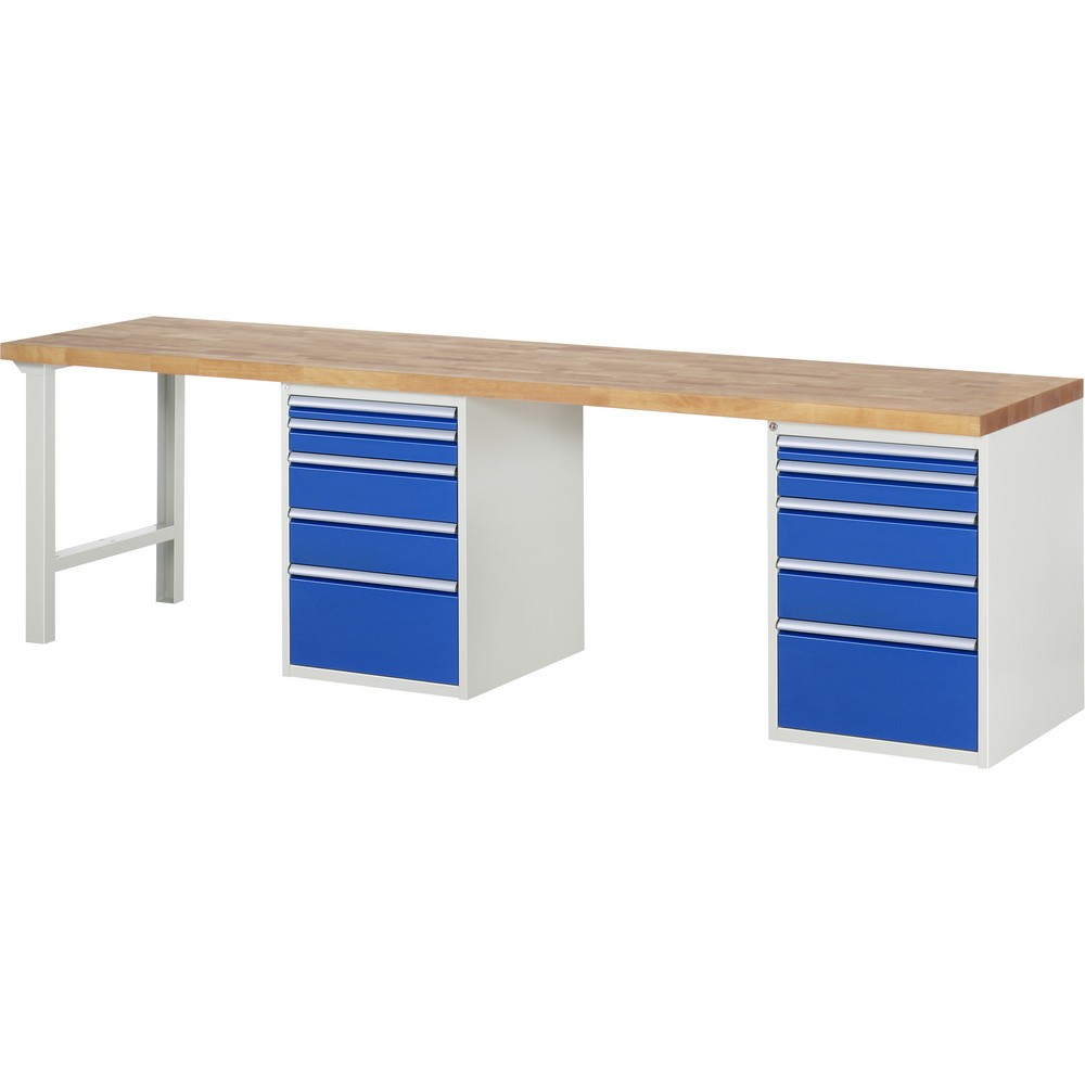 Product afbeelding: RAU werkbank serie 7000, h x b x d 890 x 3.000 x 700 mm, 2 onderbouwkasten, met telkens 5 lades