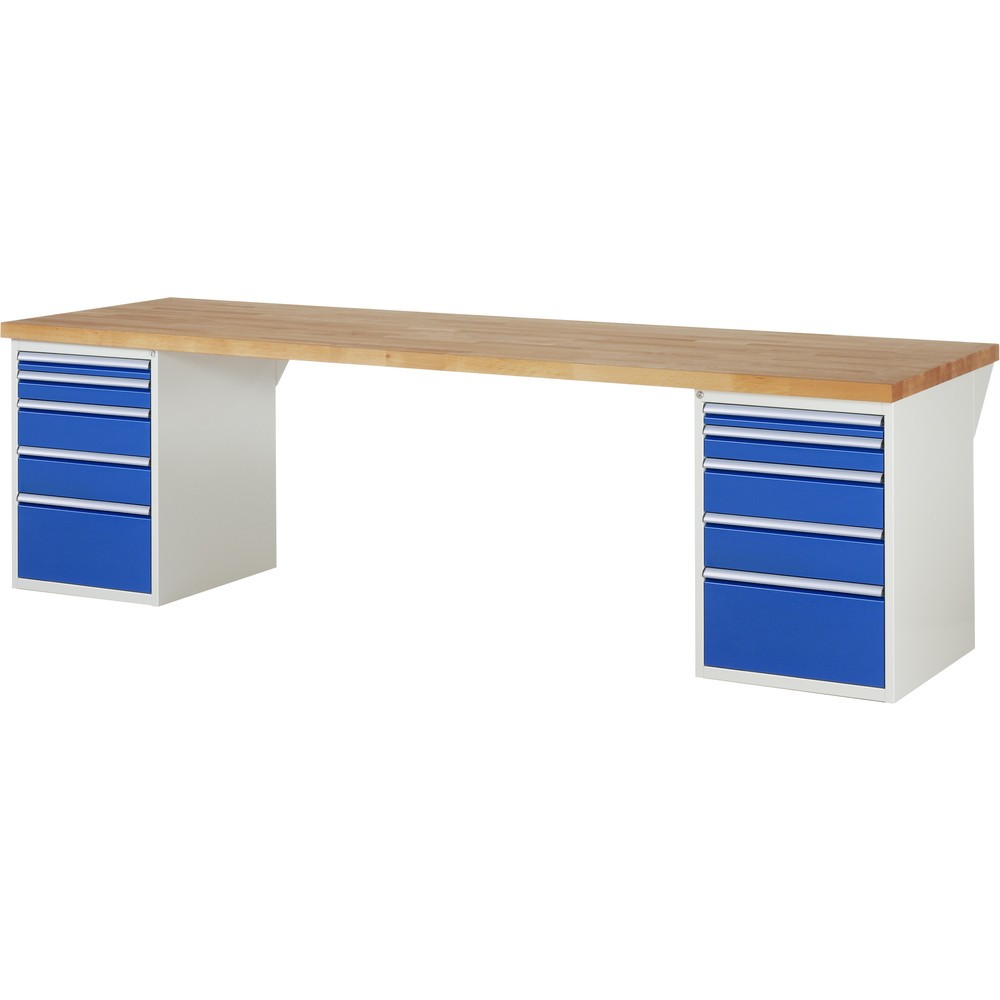 Product afbeelding: RAU werkbank serie 7000, h x b x d 890 x 3.000 x 900 mm, 2 onderbouwkasten, met telkens 5 lades