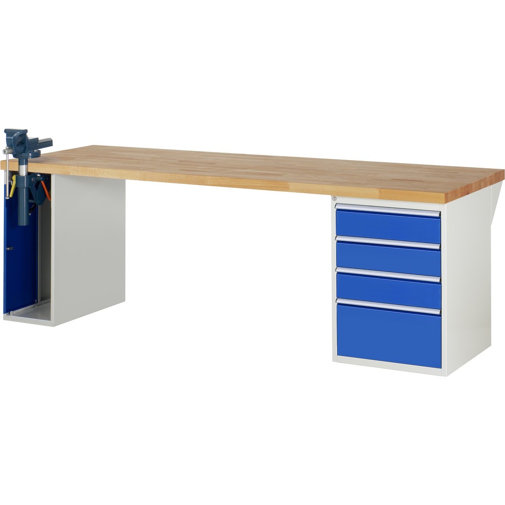 Product afbeelding: RAU werkbank serie 7000, h x b x d 890 x 2.500 x 900 mm, 1 onderbouwkast, met 4 lades en inklapbare bankschroef