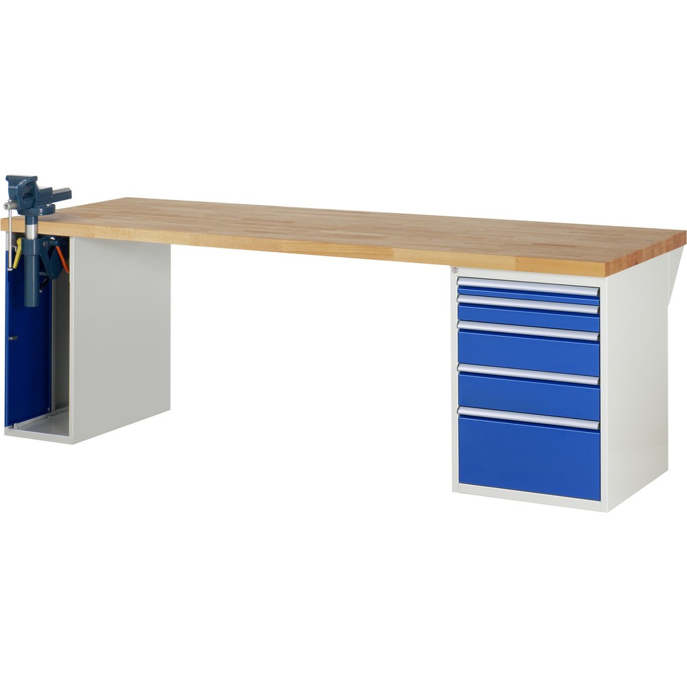 Product afbeelding: RAU werkbank serie 7000, h x b x d 890 x 2.500 x 900 mm, 1 onderbouwkast, met 5 lades en inklapbare bankschroef