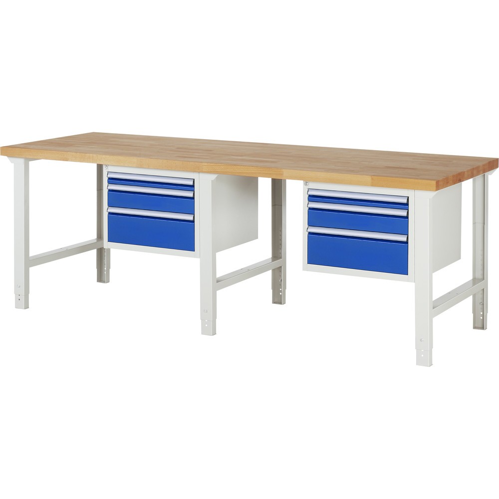 Product afbeelding: RAU werkbank serie 7000, h x b x d 790-1.140 x 2.500 x 900 mm, 2 onderbouwkasten, met telkens 3 lades