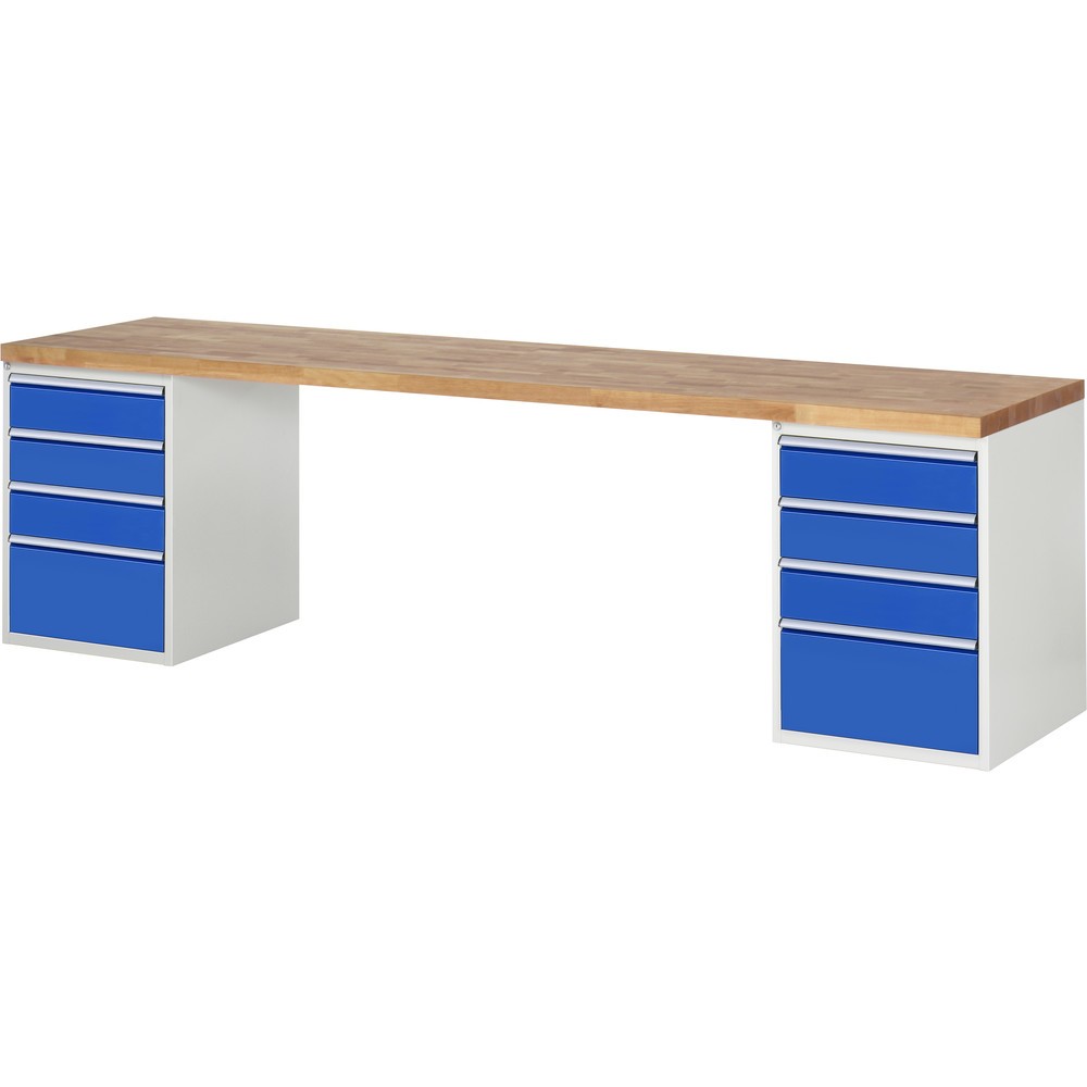 Product afbeelding: RAU werkbank serie 7000, h x b x d 890 x 3.000 x 700 mm, 2 onderbouwkasten, met telkens 4 lades