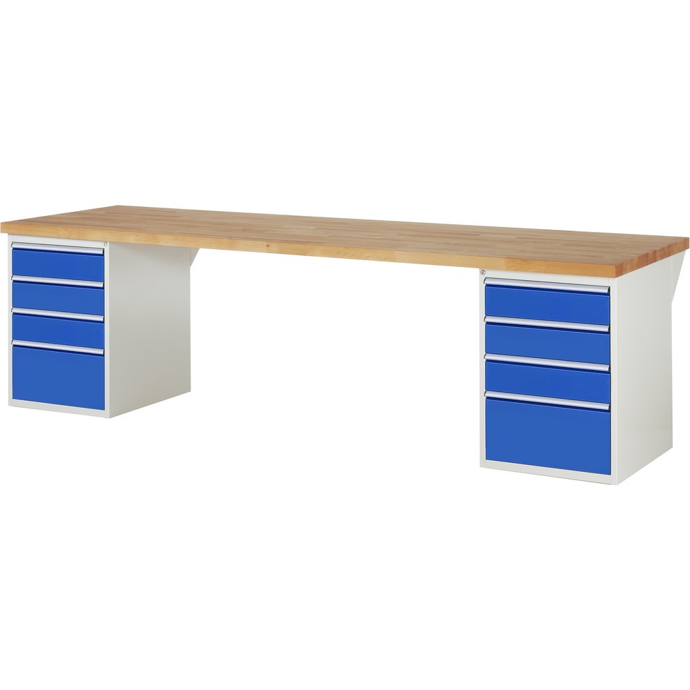 Product afbeelding: RAU werkbank serie 7000, h x b x d 890 x 3.000 x 900 mm, 2 onderbouwkasten, met telkens 4 lades