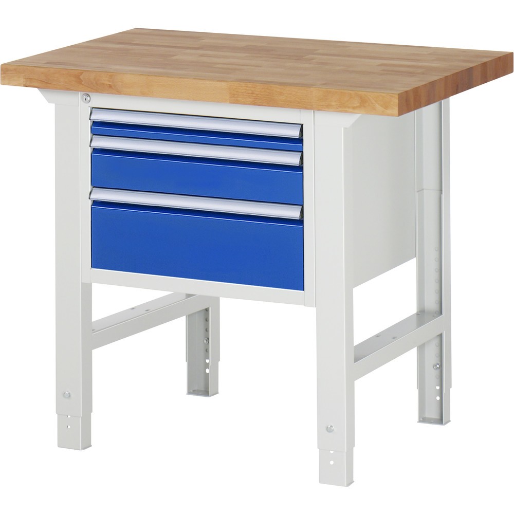 Product afbeelding: Werkbank RAU serie 7000, hxbxd 790-1.140 x 1.000 x 700 mm, 3 lades 1 x 60 mm, 1 x 120 mm, 1 x 180 mm