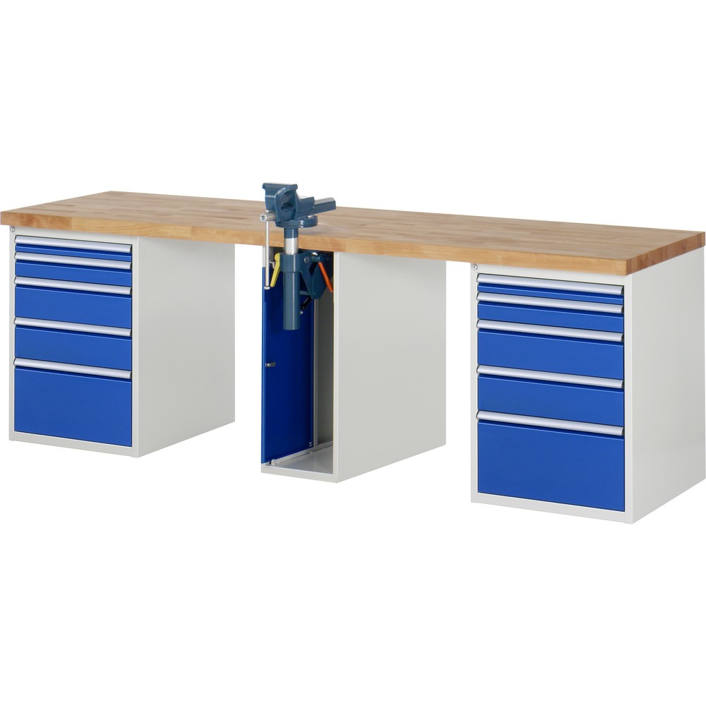 Product afbeelding: RAU werkbank serie 7000, h x b x d 890 x 2.500 x 700 mm, 2 onderbouwkasten, met telkens 5 lades en inklapbare bankschroef in het midden