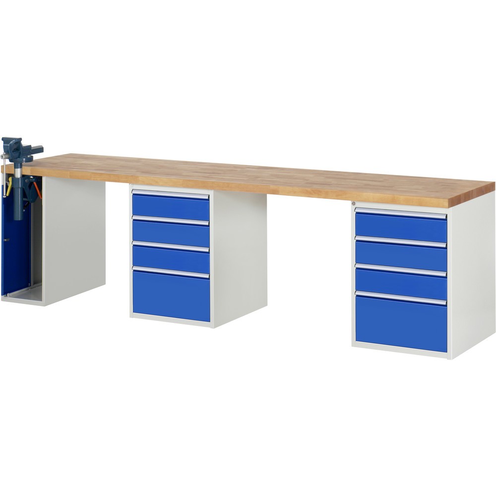 Product afbeelding: RAU werkbank serie 7000, h x b x d 890 x 3.000 x 700 mm, 2 onderbouwkasten, met telkens 4 lades en inklapbare bankschroef links