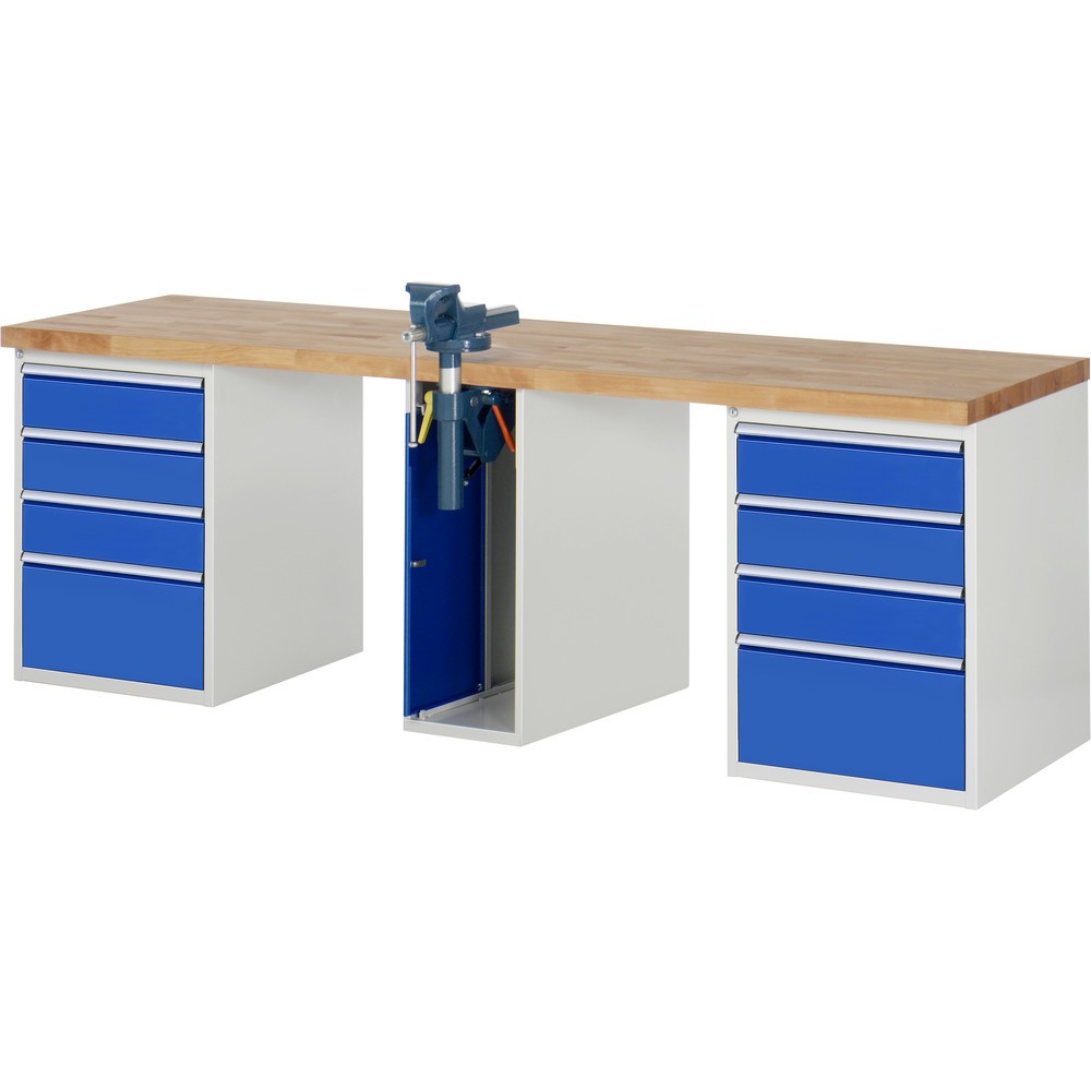Product afbeelding: RAU werkbank serie 7000, h x b x d 890 x 2.500 x 700 mm, 2 onderbouwkasten, met telkens 4 lades en inklapbare bankschroef in het midden