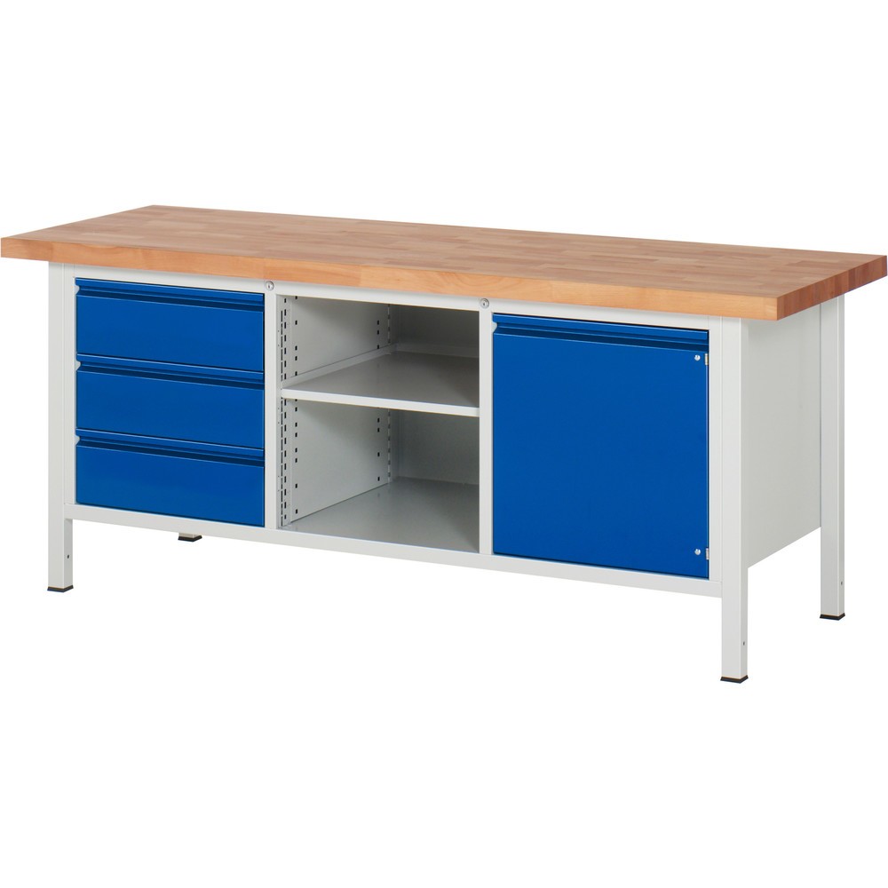 Product afbeelding: Werkbank RAU serie 8000, 1 driedubbele kast, 1 legbord, 1 draaideur, hxbxd 840-1.040 x 2.000 x 700 mm, 3 lades, geïntegreerde greeplijst