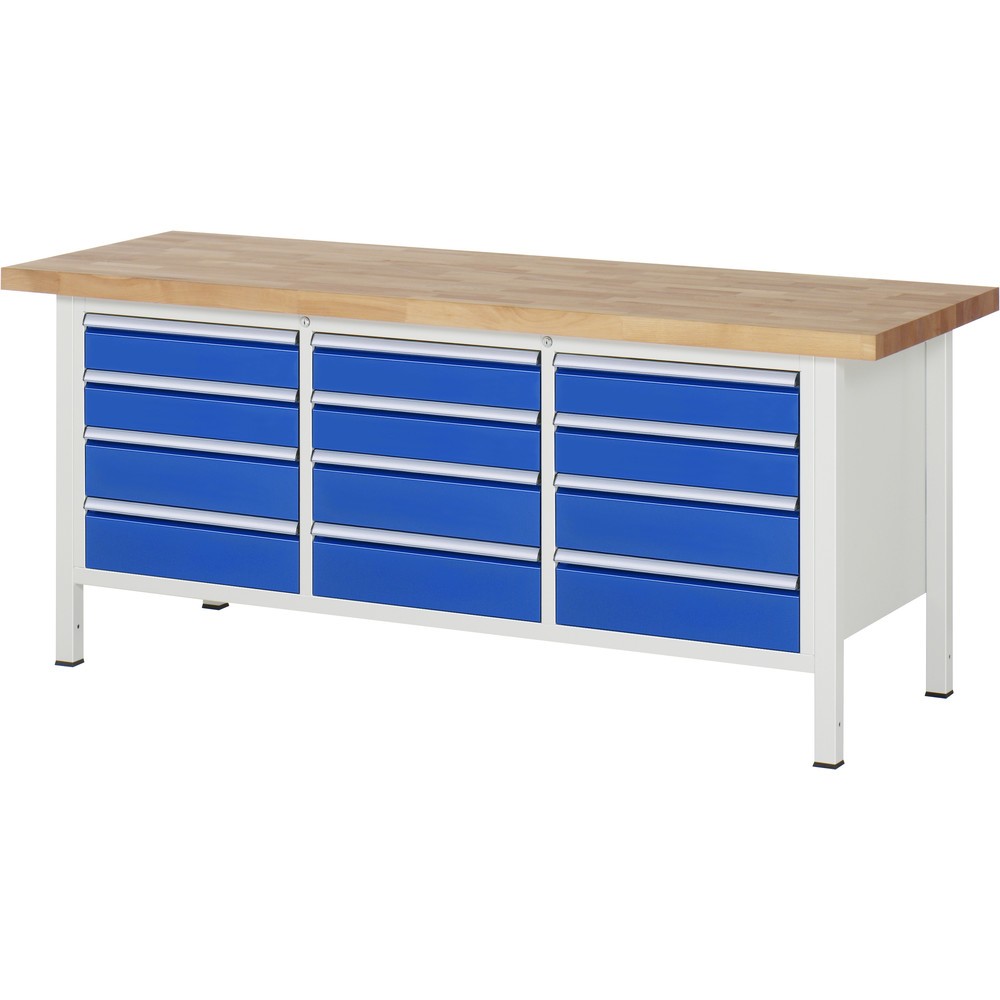Product afbeelding: RAU werkbank serie 8000, h x b x d 840-1.040 x 2.000 x 700 mm, 1 driedubbele onderbouwkast, met 12 lades