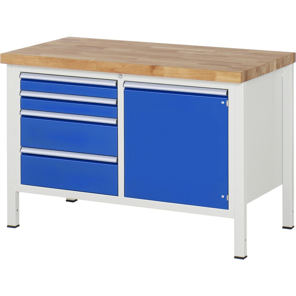 Product afbeelding: Werkbank RAU serie 8000, 1 dubbele kast, 1 legbord, 1 draaideur, hxbxd 840-1.040 x 1.250 x 700 mm, 4 lades 2 x 90, 2 x 180 mm