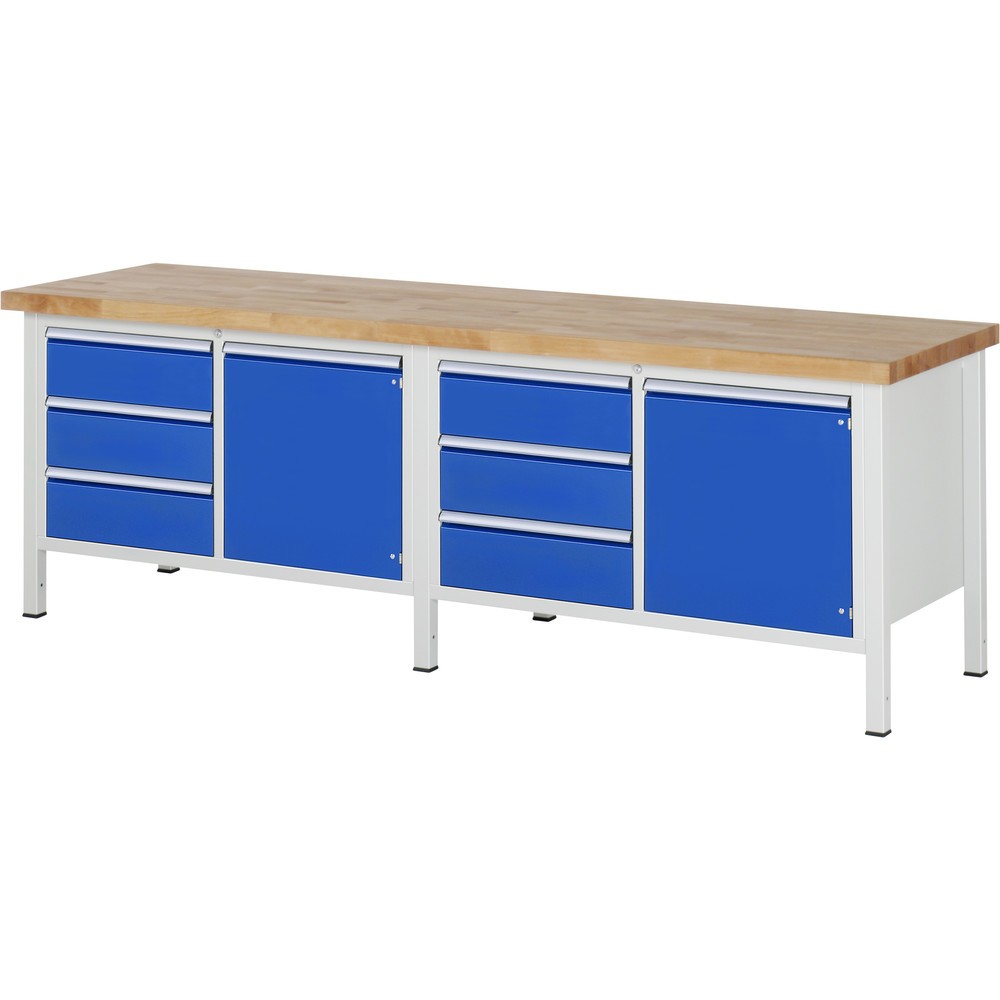 Product afbeelding: RAU werkbank serie 8000, h x b x d 840-1.040 x 2.500 x 700 mm, 2 dubbele onderbouwkasten, met telkens 3 lades en 1 openslaande deur