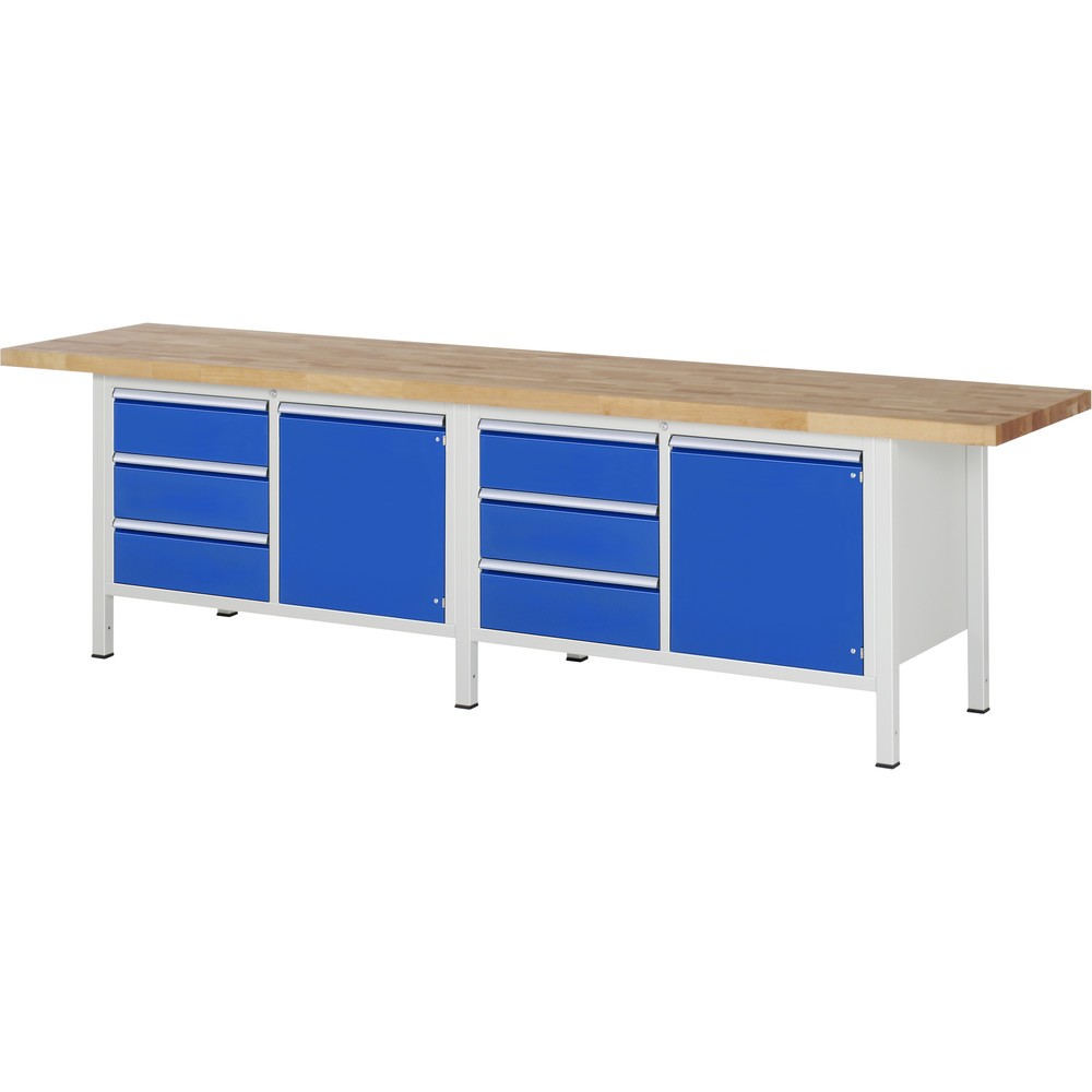Product afbeelding: RAU werkbank serie 8000, h x b x d 840-1.040 x 3.000 x 700 mm, 2 dubbele onderbouwkasten, met telkens 3 lades en 1 openslaande deur