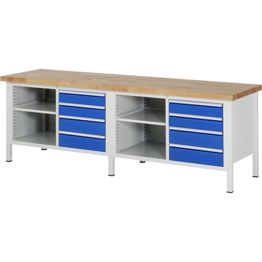 Product afbeelding: RAU werkbank serie 8000, h x b x d 840-1.040 x 2.500 x 700 mm, 2 dubbele onderbouwkasten, met telkens 4 lades