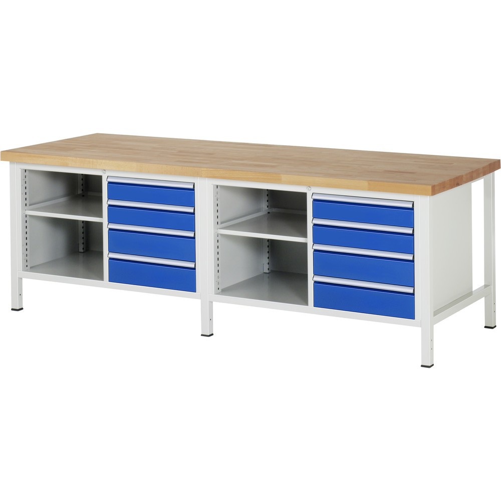 Product afbeelding: RAU werkbank serie 8000, h x b x d 840-1.040 x 2.500 x 900 mm, 2 dubbele onderbouwkasten, met telkens 4 lades