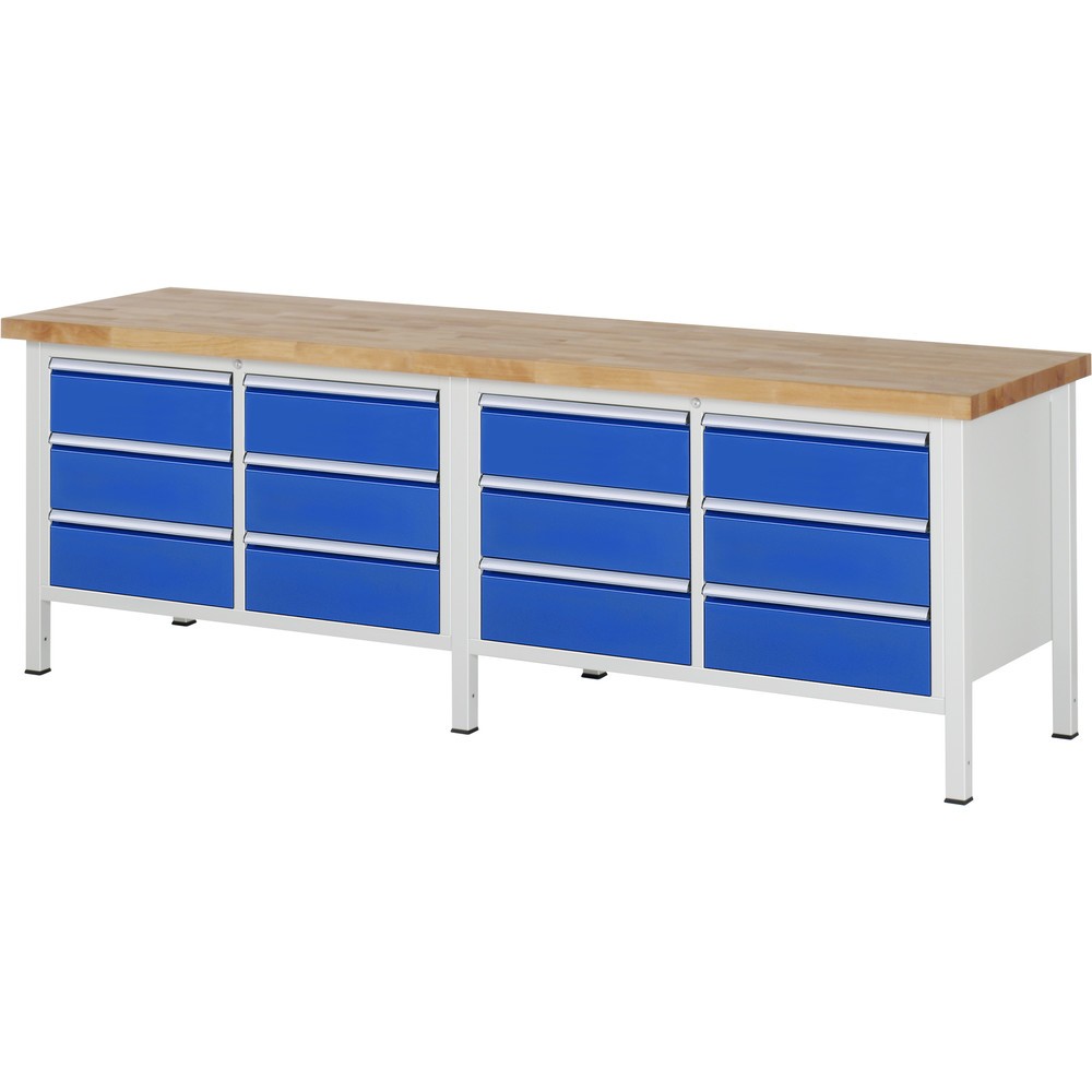 Product afbeelding: RAU werkbank serie 8000, h x b x d 840-1.040 x 2.500 x 700 mm, 2 dubbele onderbouwkasten, met telkens 6 lades