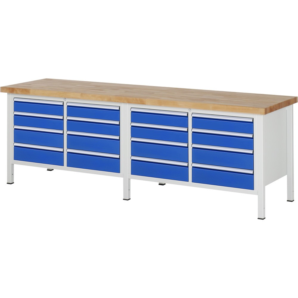 Product afbeelding: RAU werkbank serie 8000, h x b x d 840-1.040 x 2.500 x 700 mm, 2 dubbele onderbouwkasten, met telkens 8 lades