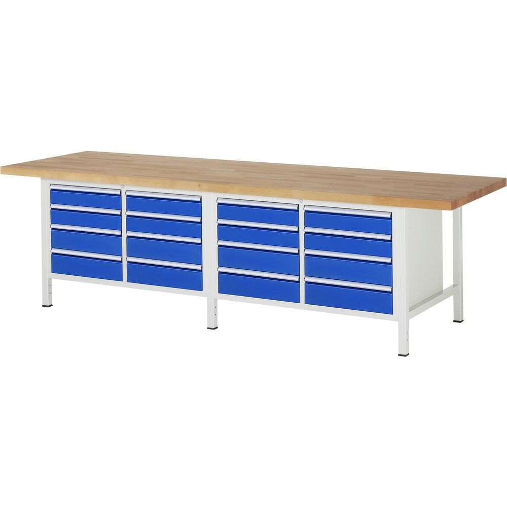 Product afbeelding: RAU werkbank serie 8000, h x b x d 840-1.040 x 3.000 x 900 mm, 2 dubbele onderbouwkasten, met telkens 8 lades