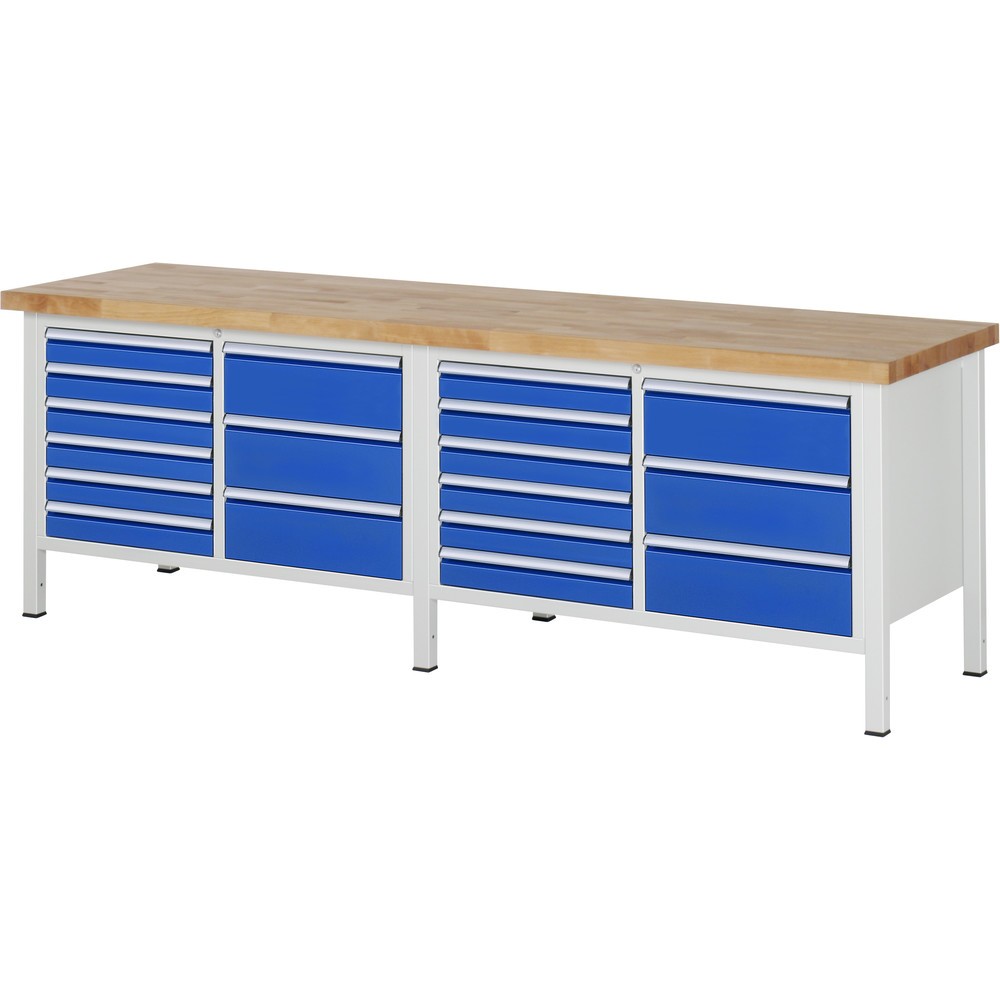 Product afbeelding: RAU werkbank serie 8000, h x b x d 840-1.040 x 2.500 x 700 mm, 2 dubbele onderbouwkasten, met telkens 9 lades