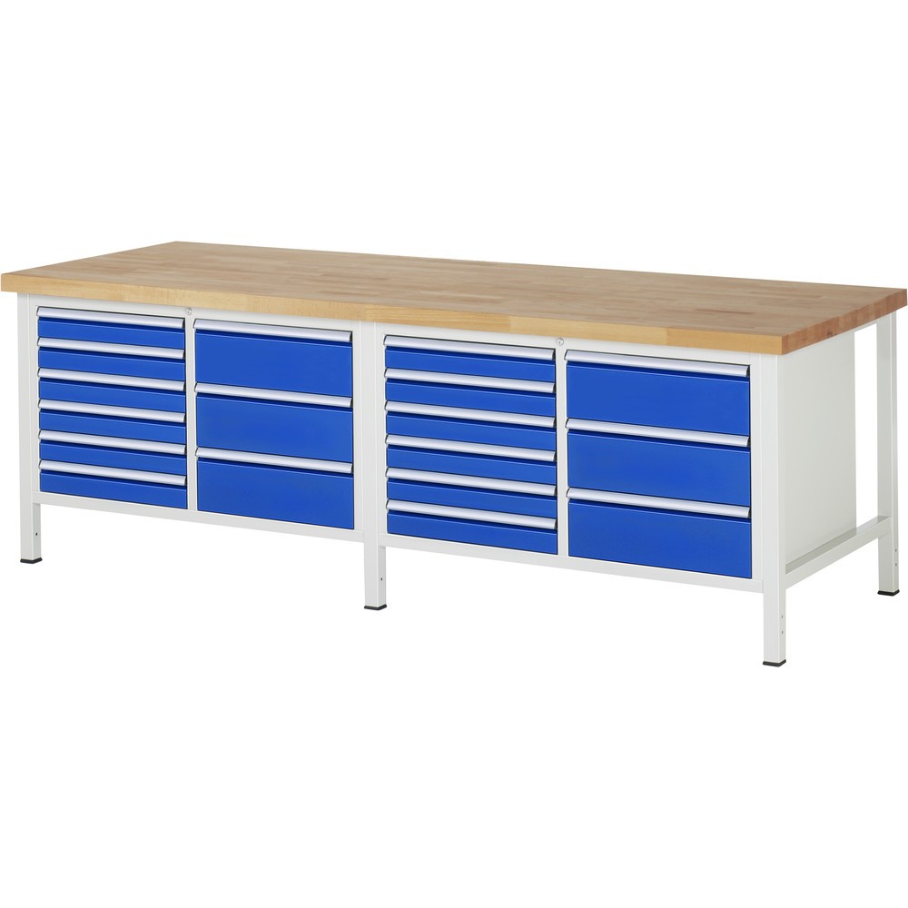 Product afbeelding: RAU werkbank serie 8000, h x b x d 840-1.040 x 2.500 x 900 mm, 2 dubbele onderbouwkasten, met telkens 9 lades