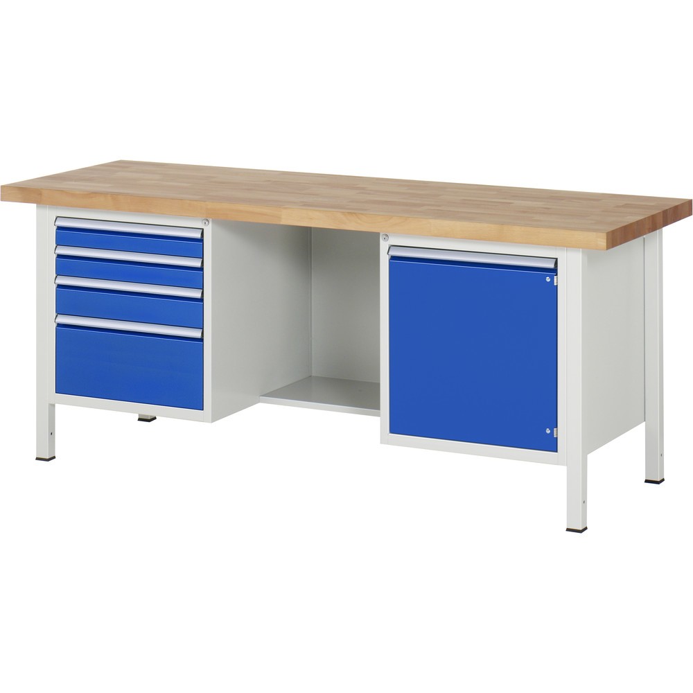 Product afbeelding: Werkbank RAU serie 8000, 2 kasten, 1 draaideur, hxbxd 840 x 2.000 x 700 mm, 4 x voor 90% uittrekbare lades 2 x 90, 1 x 120, 1 x 240 mm