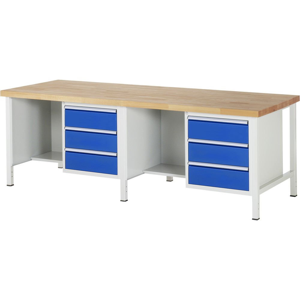 Product afbeelding: RAU werkbank serie 8000, h x b x d 840-1.040 x 2.500 x 900 mm, 2 onderbouwkasten en opbergvak, met telkens 3 lades