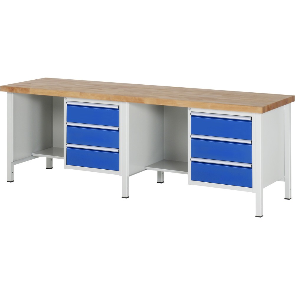 Product afbeelding: RAU werkbank serie 8000, h x b x d 840-1.040 x 2.500 x 700 mm, 2 onderbouwkasten en opbergvak, met telkens 3 lades