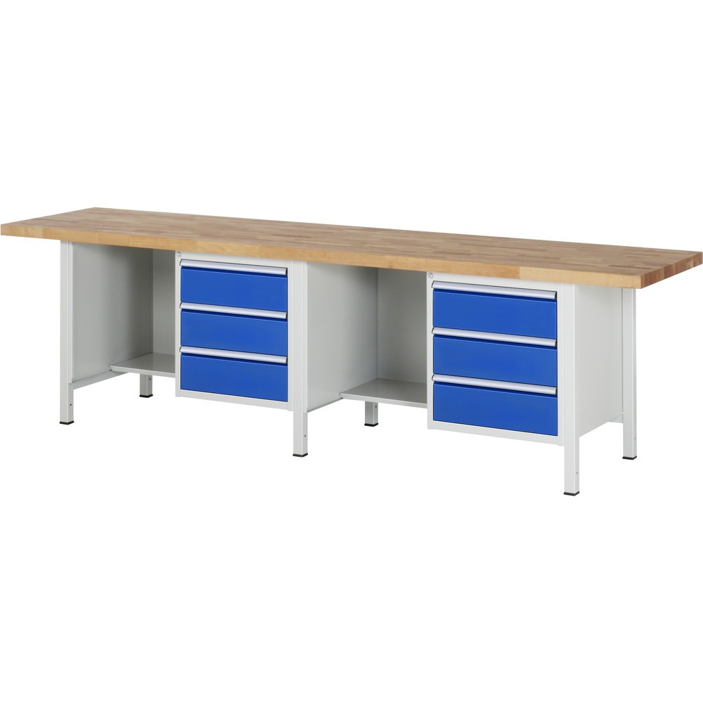 Product afbeelding: RAU werkbank serie 8000, h x b x d 840-1.040 x 3.000 x 700 mm, 2 onderbouwkasten en opbergvak, met telkens 3 lades