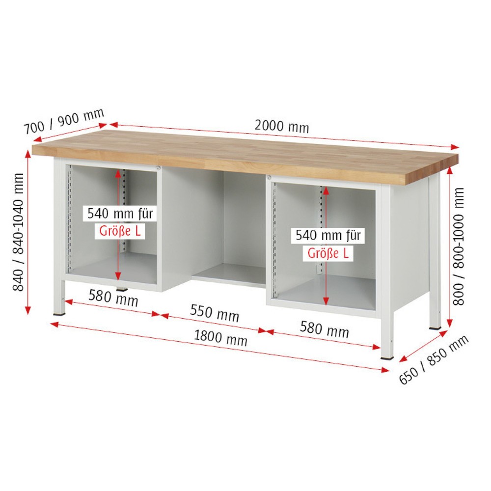 Productafbeelding nr. 7: Werkbank RAU serie 8000, 2 kasten, hxbxd 840-1.040 x 2.000 x 700 mm, 6 x voor 90% uittrekbare lades