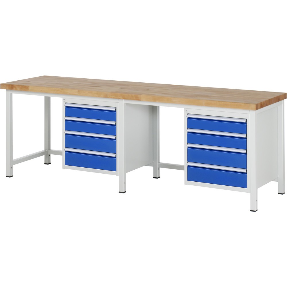 Product afbeelding: RAU werkbank serie 8000, h x b x d 840-1.040 x 2.500 x 700 mm, 2 onderbouwkasten, met telkens 4 lades