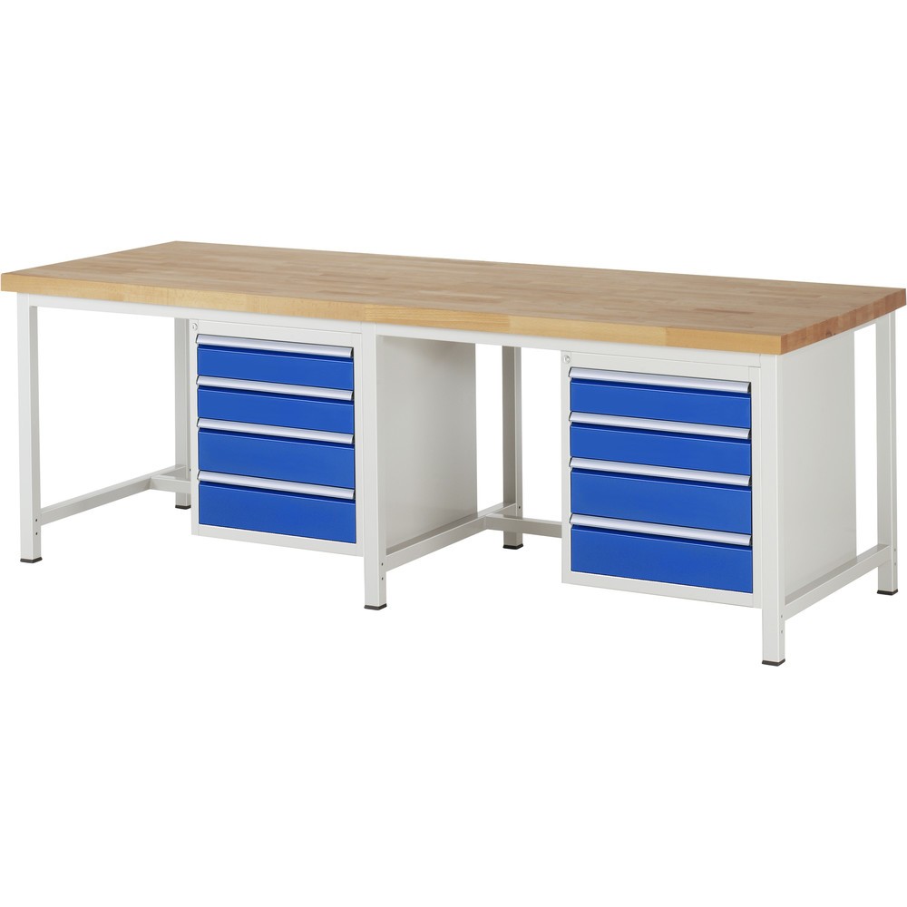 Product afbeelding: RAU werkbank serie 8000, h x b x d 840-1.040 x 2.500 x 900 mm, 2 onderbouwkasten, met telkens 4 lades