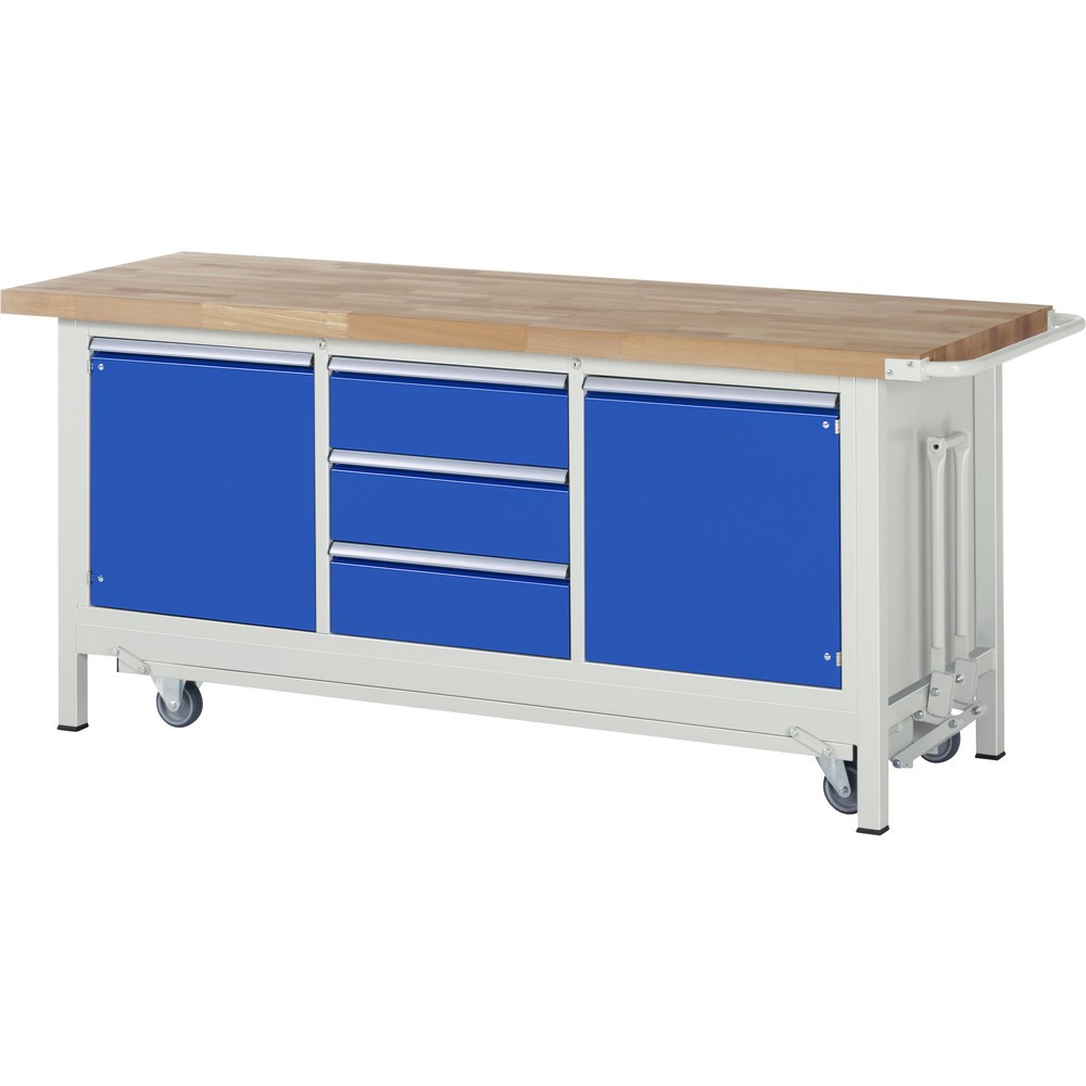 Product afbeelding: RAU werkbank met dolly serie 8000, h x b x d 880 x 2.000 x 700 mm, 1 driedubbele onderbouwkast, met 3 lades en 2 openslaande deuren