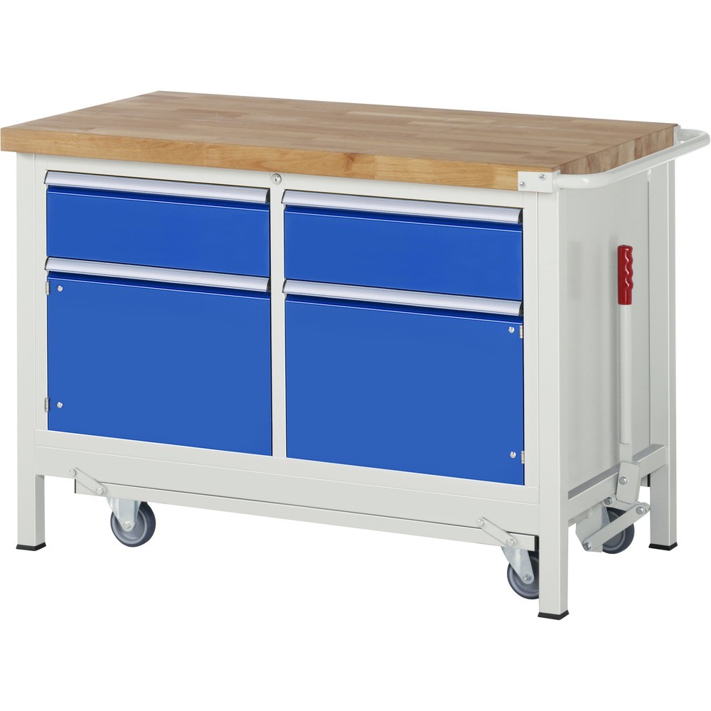 Product afbeelding: Werkbank RAU serie 8000 met neerlaatbaar onderstel, 1 dubbele kast, hxbxd 880 x 1.250 x 700 mm, 2 lades 2 x 180 mm, 1 draaideur