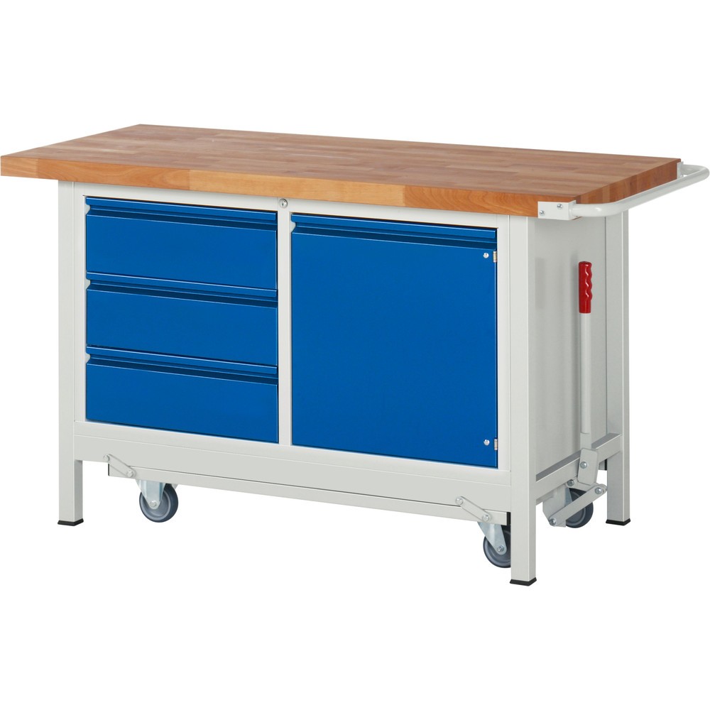 Productafbeelding nr. 1: Werkbank RAU serie 8000 met neerlaatbaar onderstel, 1 dubbele kast, hxbxd 880 x 1.500 x 700 mm, 3 x voor 90% uittrekbare lades, 1 draaideur, 1 legbord